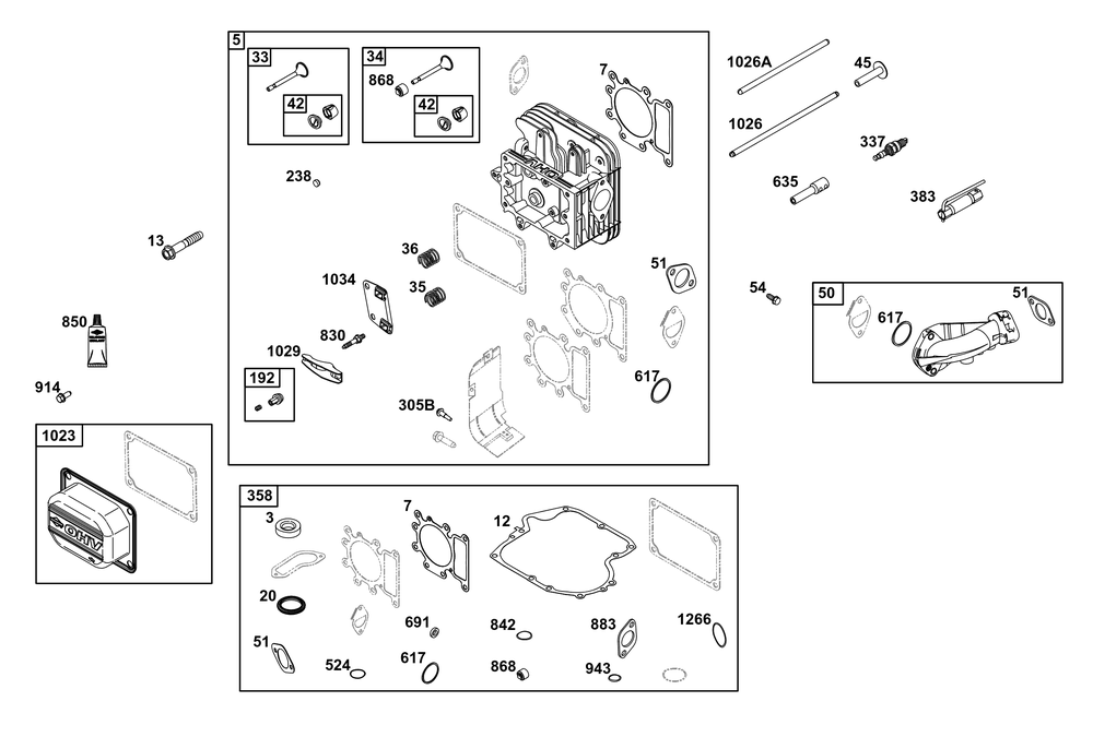 Cylinder Head Group Diagram and Parts List for 31R977-0030-B5 200000 - 399999 Briggs and Stratton Engine